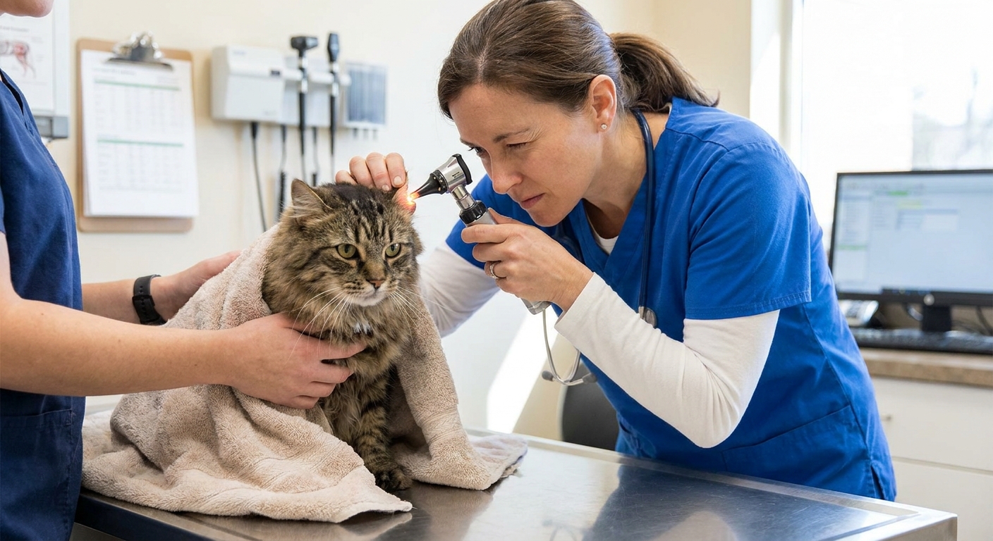A veterinarian gently examining a cat's ear with an otoscope in a clinic exam room