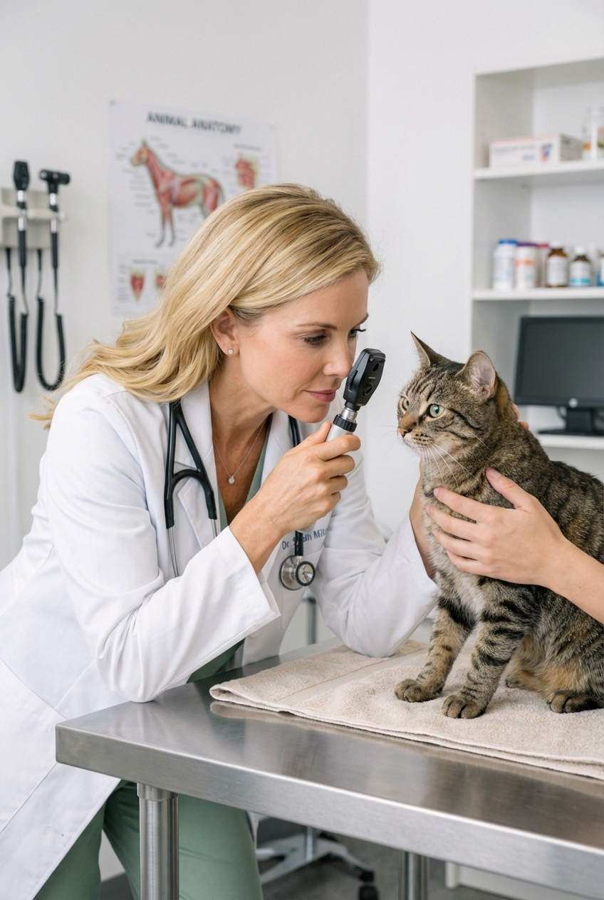 A veterinarian gently examining a cat's eyes in a clinic exam room