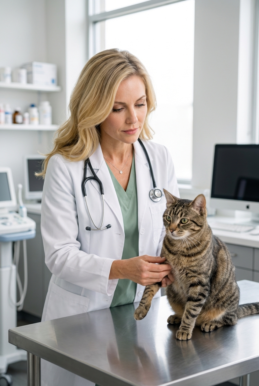 A veterinarian gently examining a cat’s front leg on an exam table in a bright clinic room