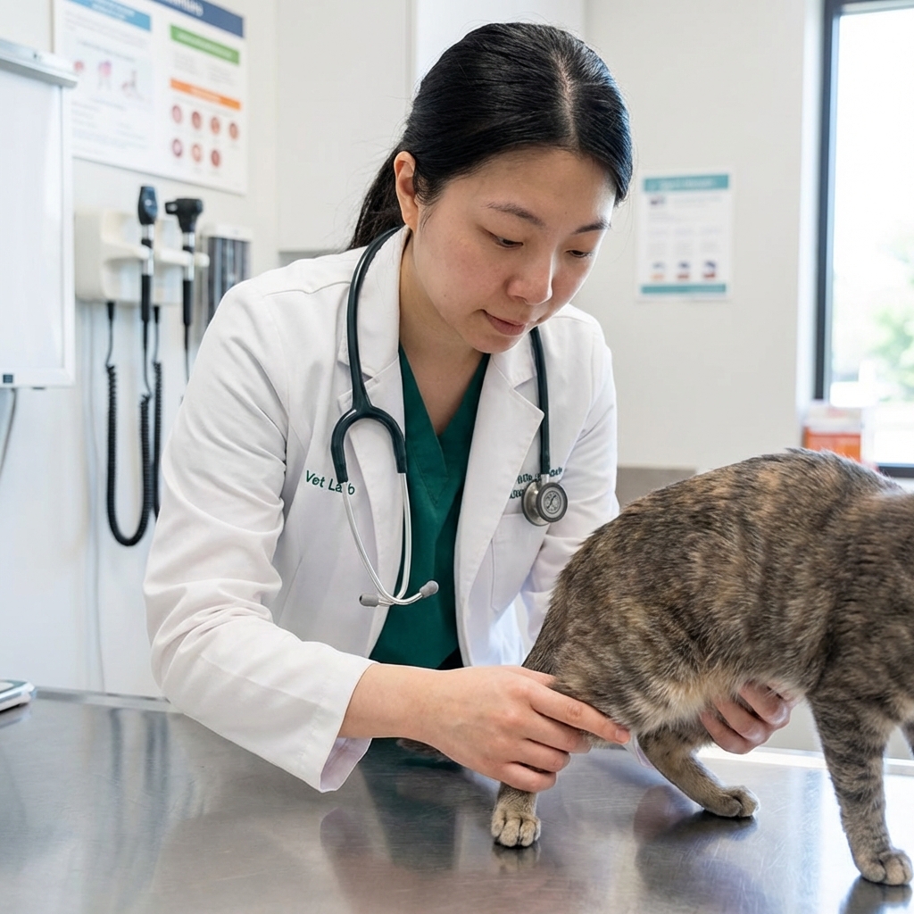 A veterinarian gently examining a cat’s hind legs on an exam table