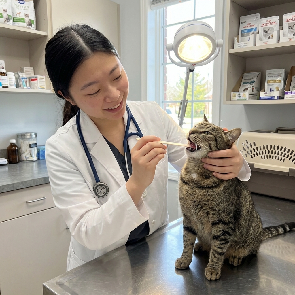 A veterinarian gently examining a cat's mouth in a clinic exam room