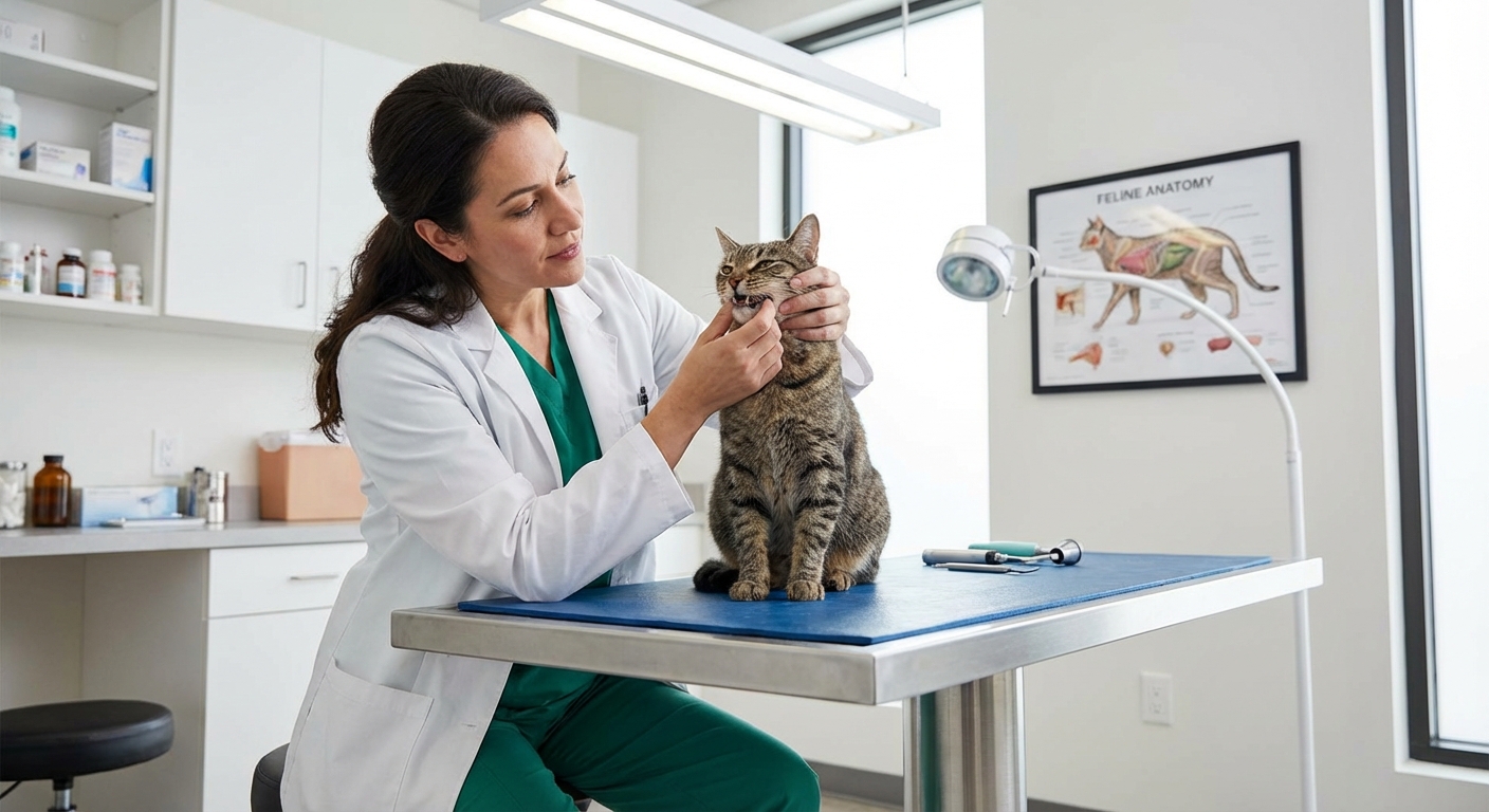 A veterinarian gently examining a cat’s mouth in a clinic setting