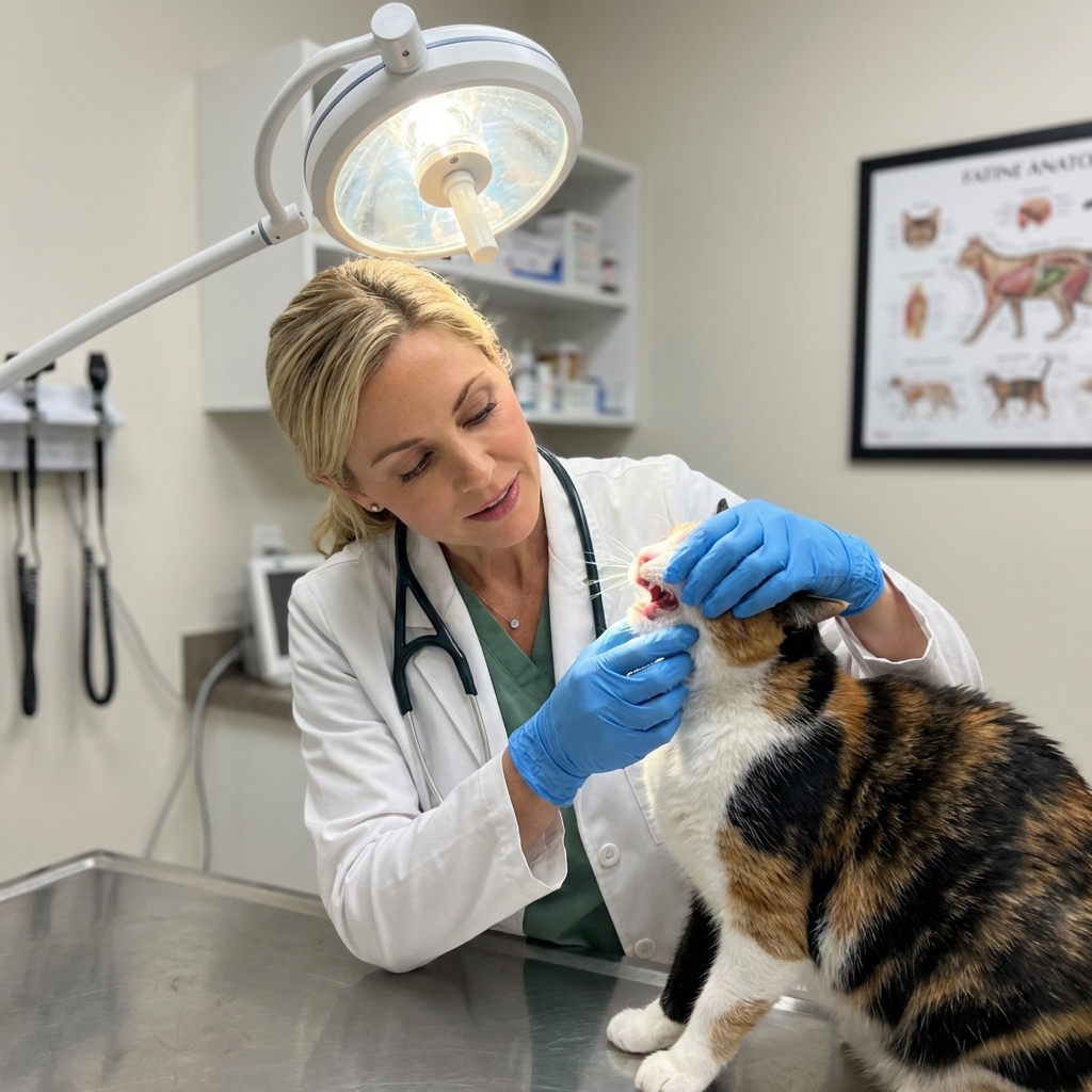 A veterinarian gently examining a cat's mouth with gloved hands under a bright exam light in a clinic, realistic photo