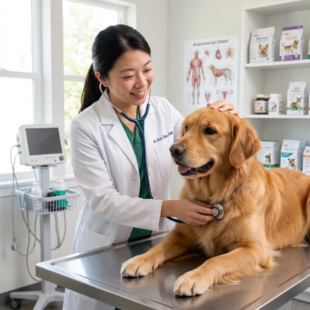 A veterinarian gently examining a dog in a clinic exam room