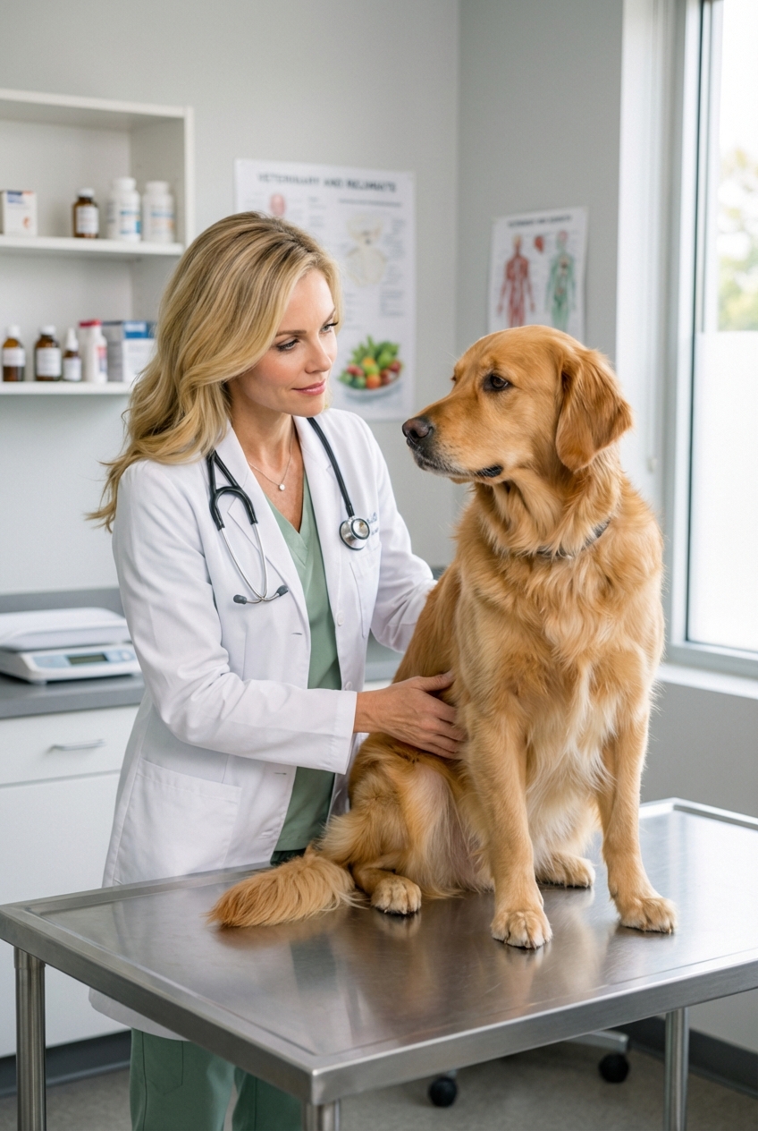 A veterinarian gently examining a dog in a clinic exam room