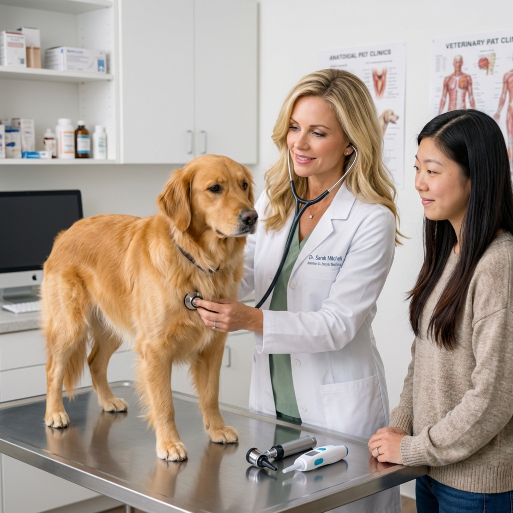A veterinarian gently examining a dog in a clinic while the owner stands nearby