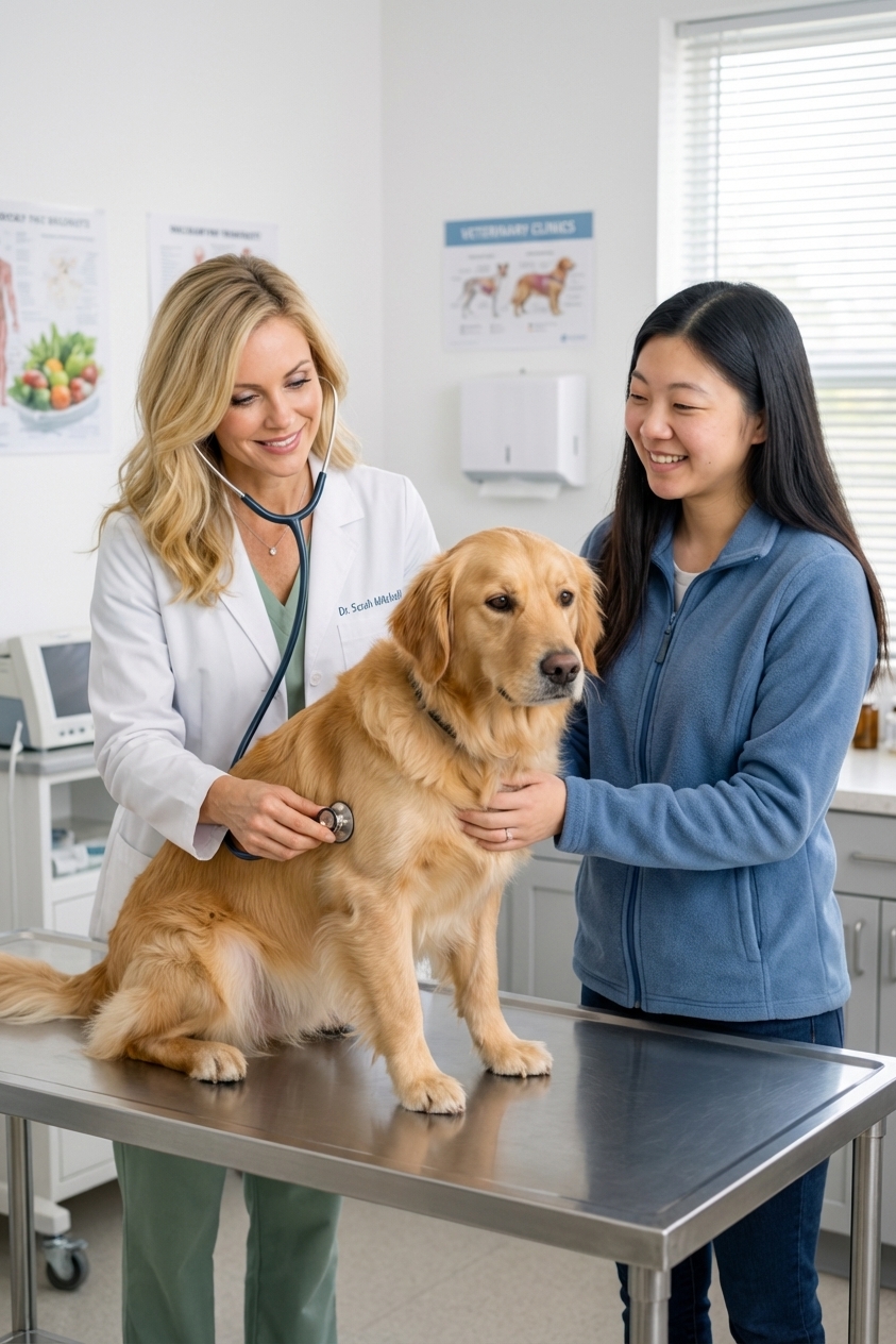 A veterinarian gently examining a dog on a clinic exam table while the owner stands nearby, bright clean veterinary clinic setting, realistic photo