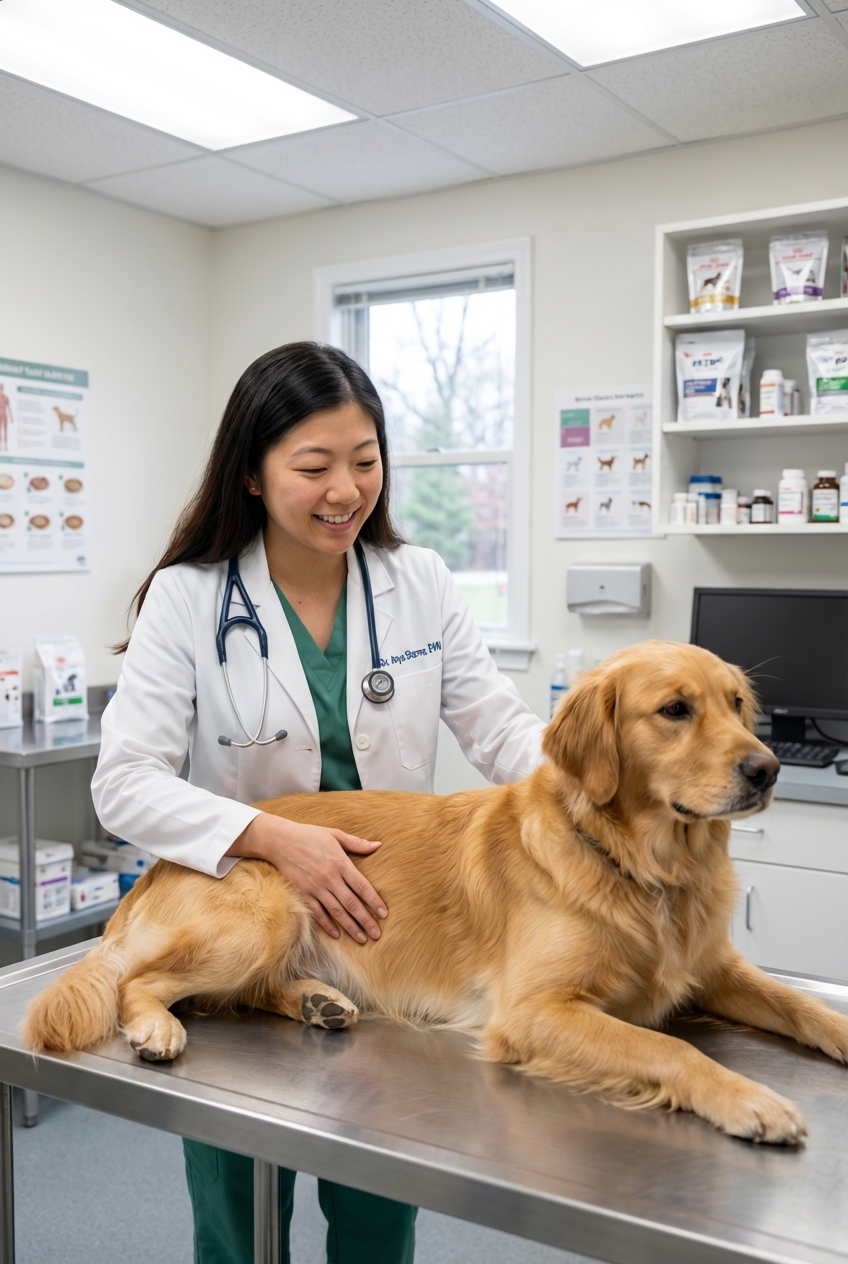 A veterinarian gently examining a dog on a stainless steel exam table in a bright clinic room