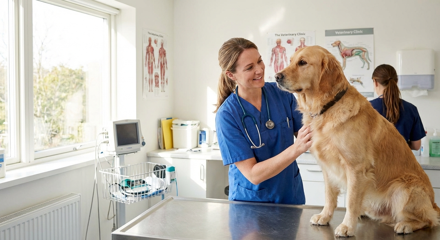 A veterinarian gently examining a dog on an exam table in a bright clinic room