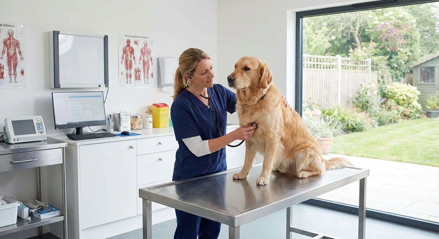 A veterinarian gently examining a dog on an exam table in a clean clinic room