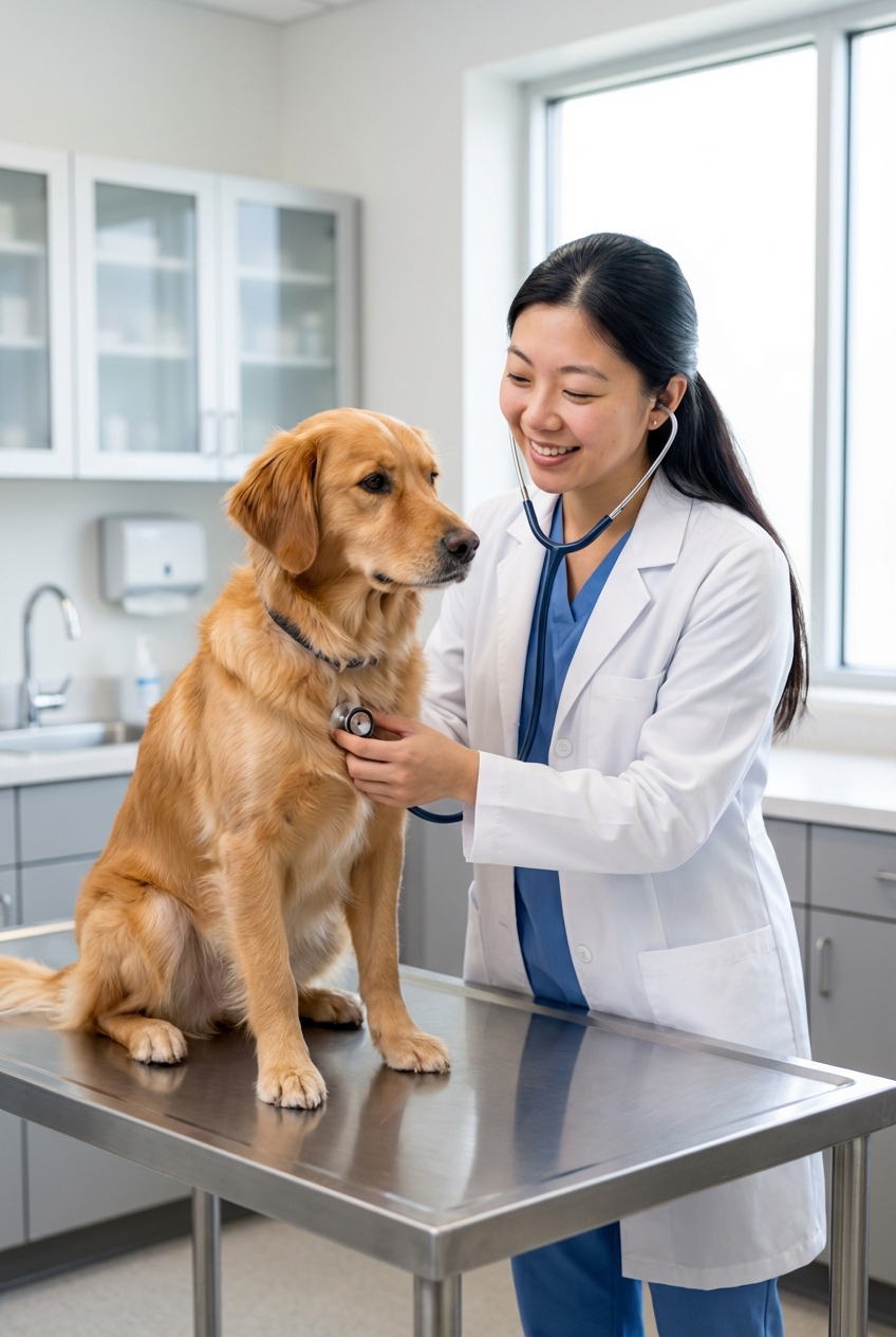 A veterinarian gently examining a dog on an exam table in a bright clinic room