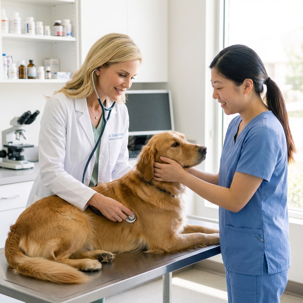 A veterinarian gently examining a dog on an exam table while a technician keeps the dog calm