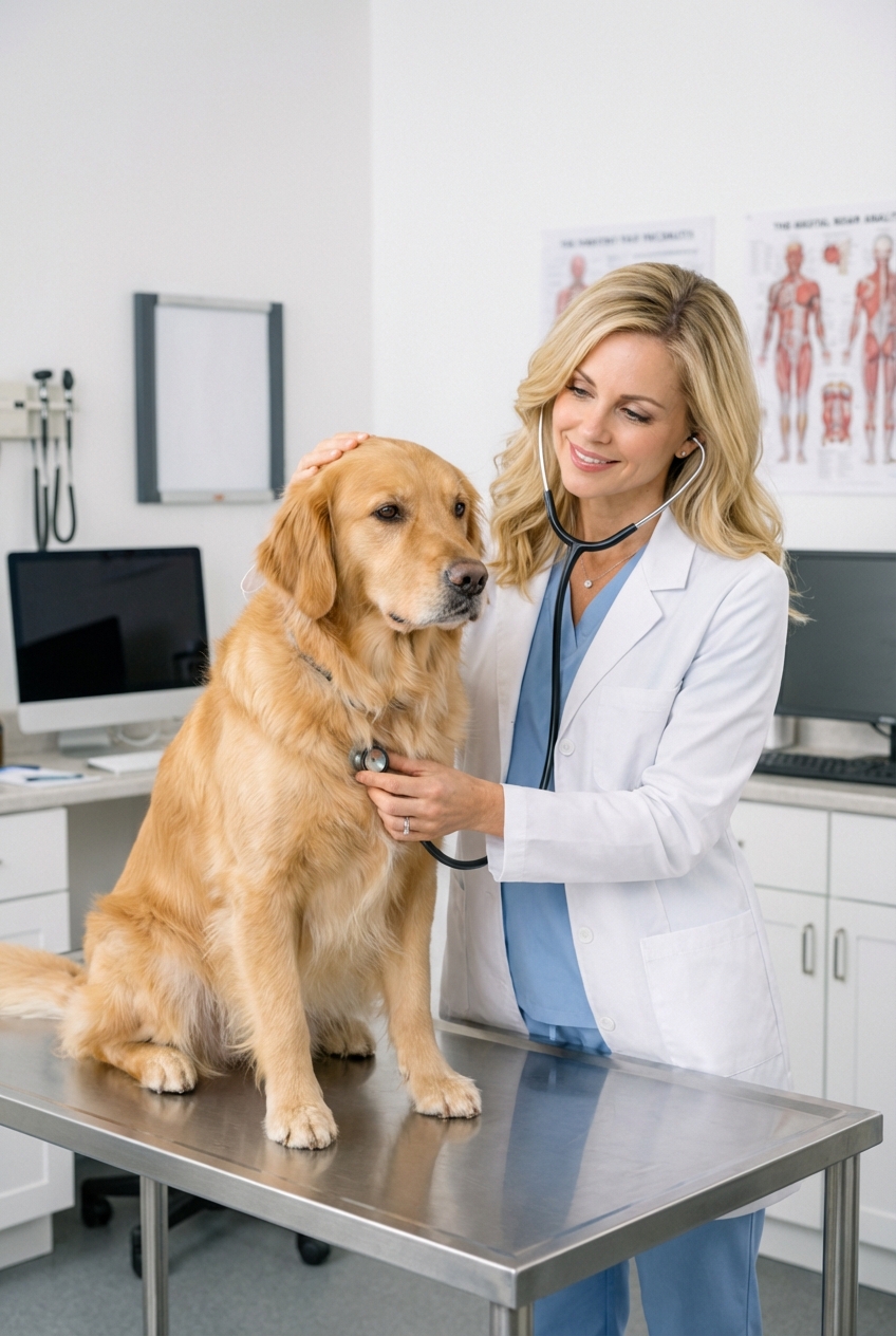 A veterinarian gently examining a dog on an exam table in a clinic room