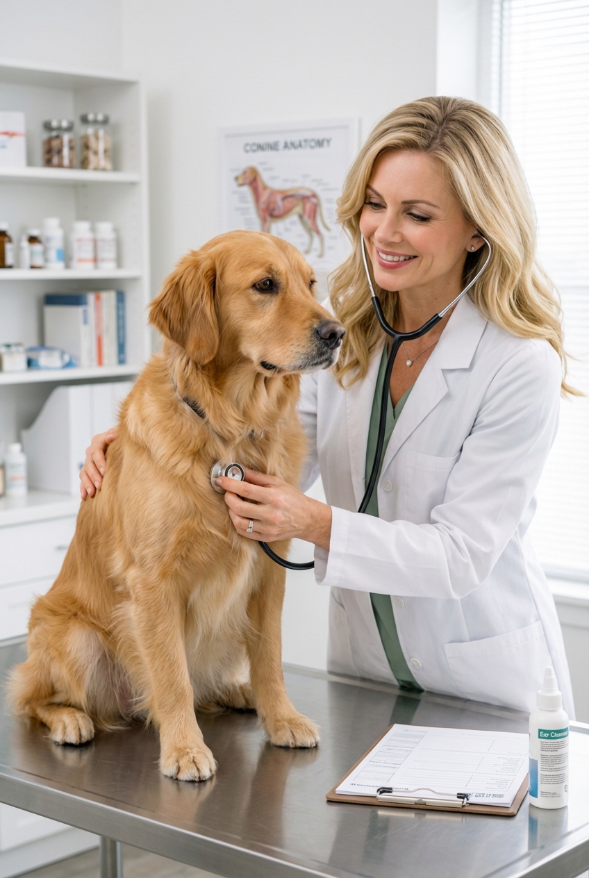 A veterinarian gently examining a dog on an exam table in a clinic
