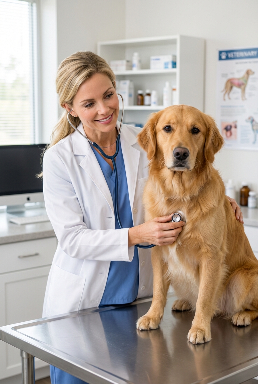 A veterinarian gently examining a dog on an exam table in a bright clinic room