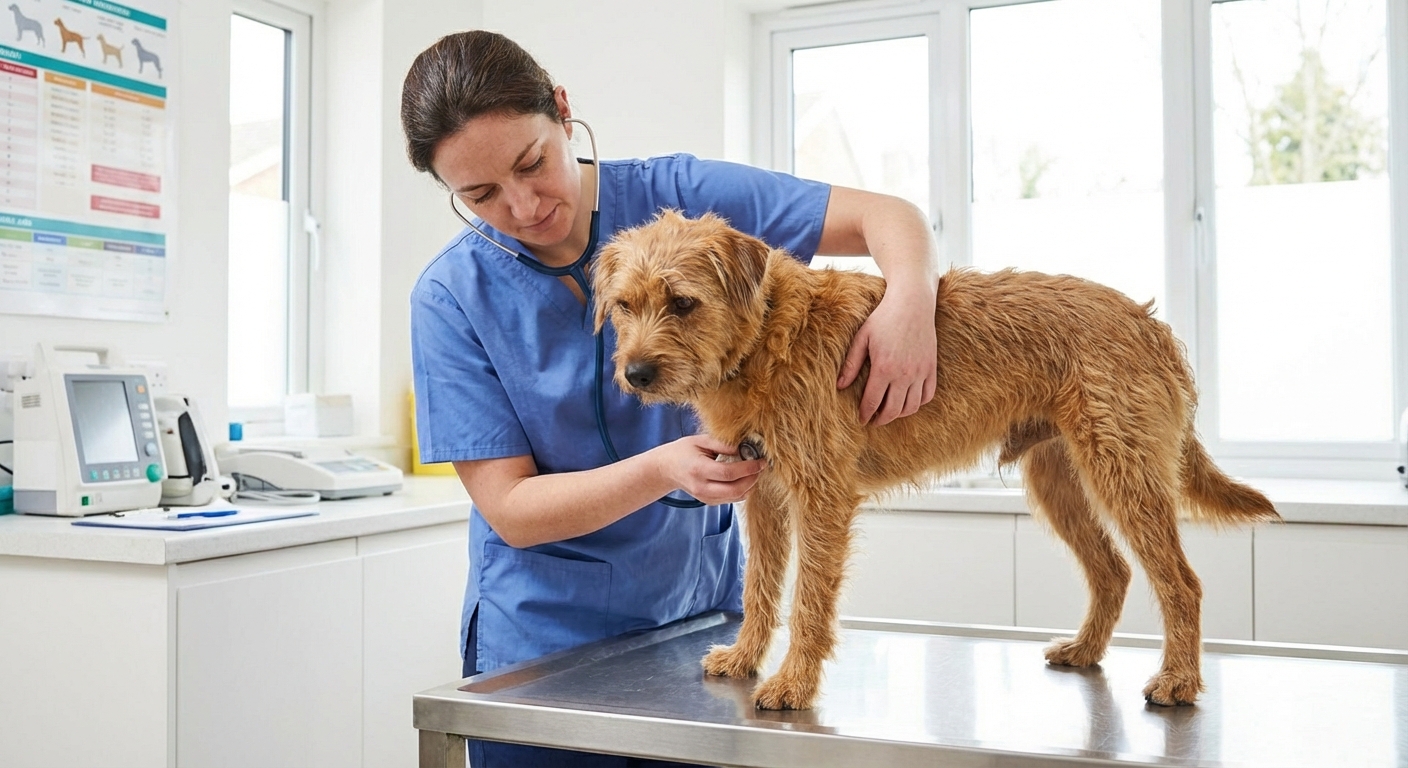A veterinarian gently examining a dog on an exam table in a bright clinic room