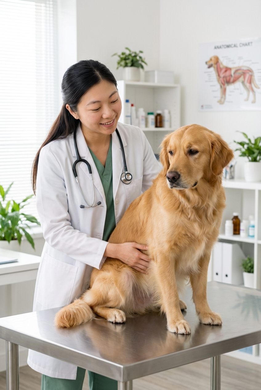 A veterinarian gently examining a dog on an exam table in a bright clinic room