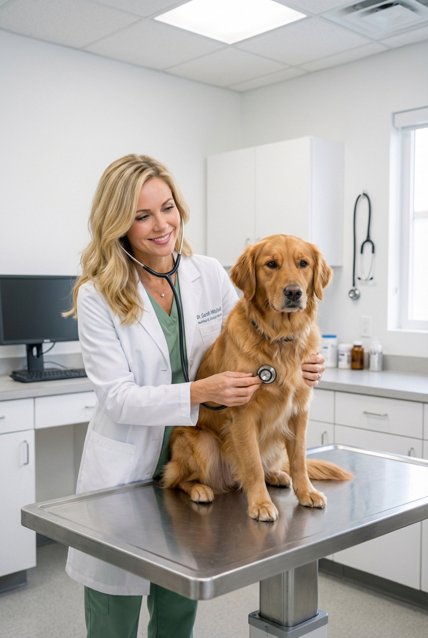 A veterinarian gently examining a dog on an exam table in a clean clinic room