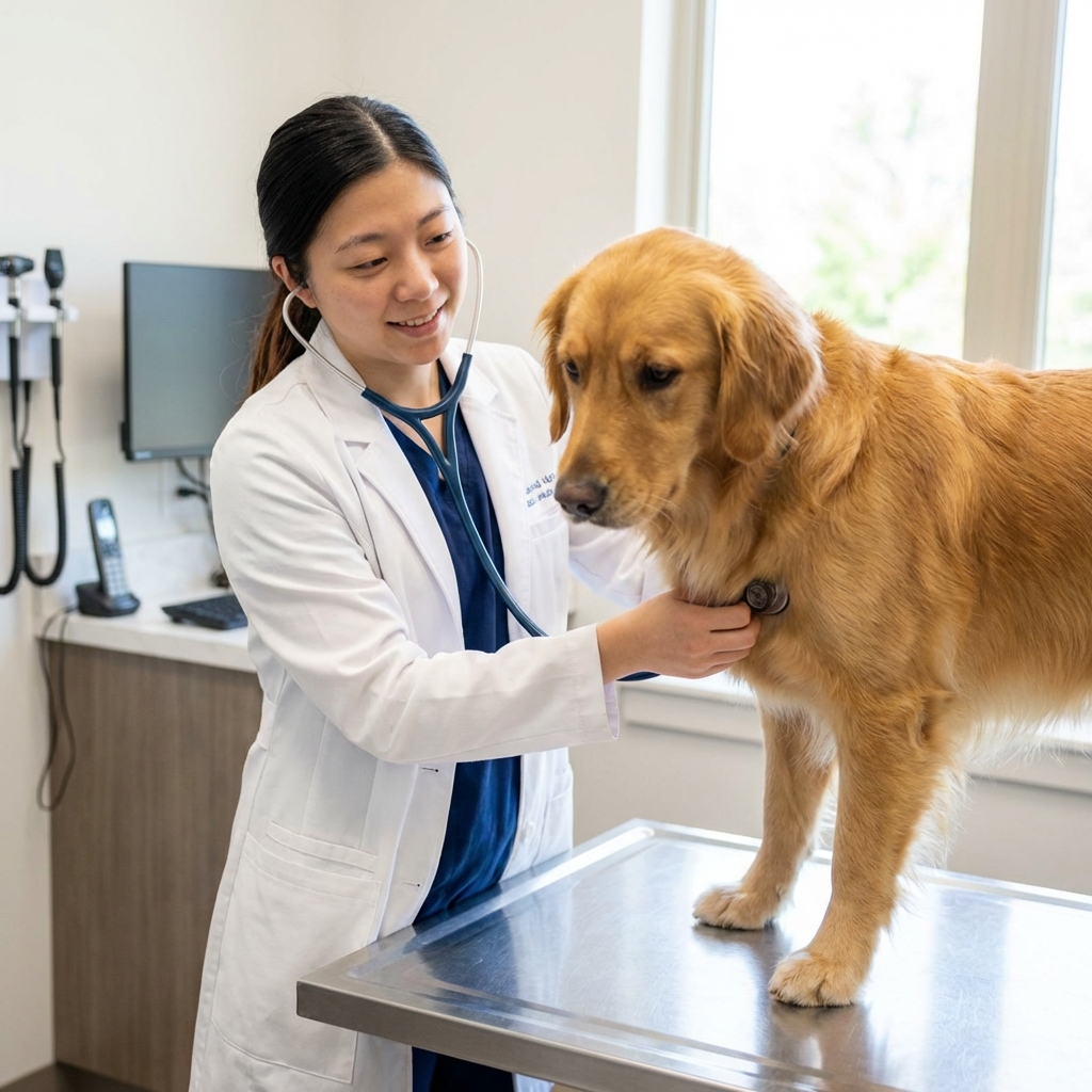 A veterinarian gently examining a dog on an exam table in a bright clinic room