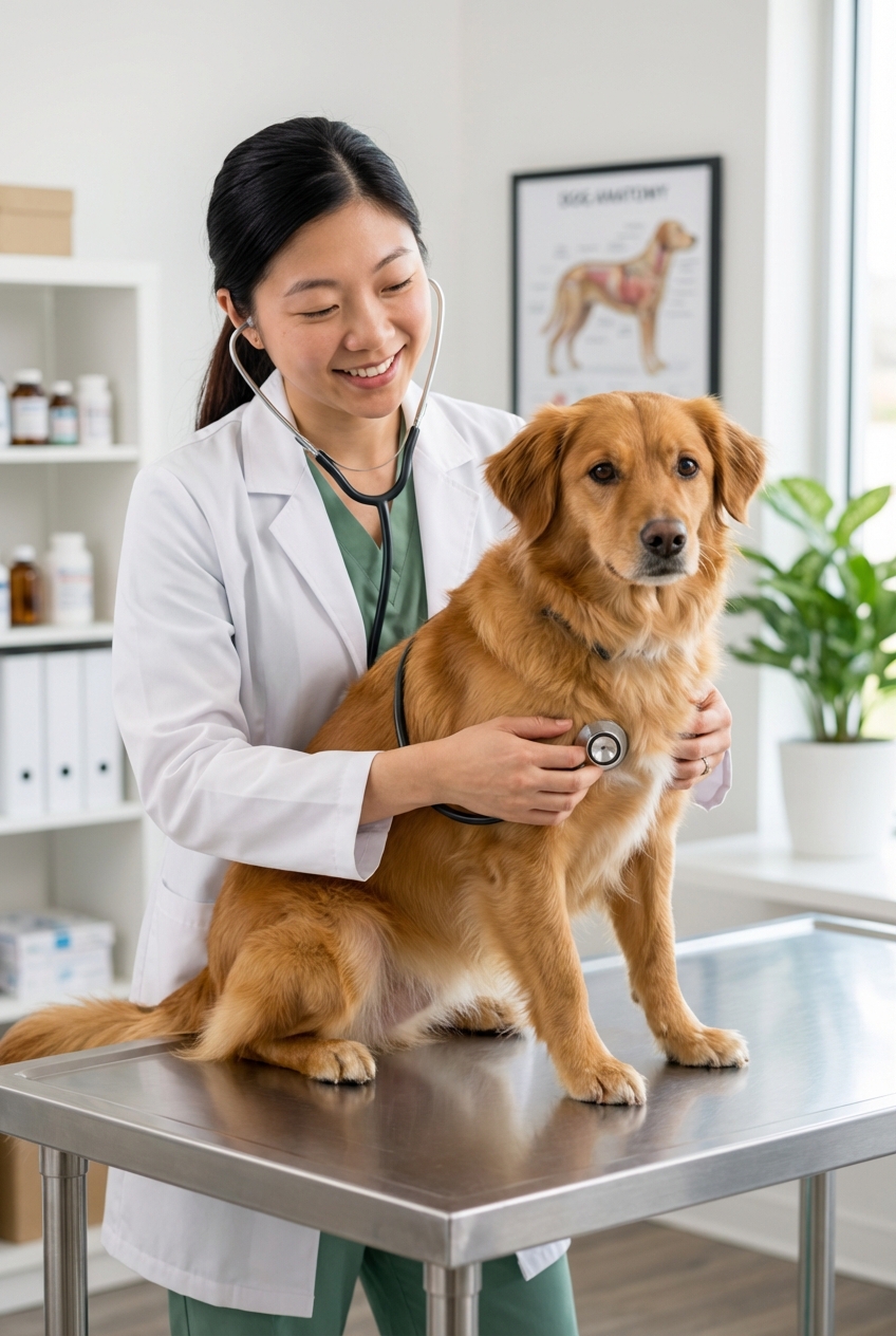 A veterinarian gently examining a dog on an exam table in a bright clinic room