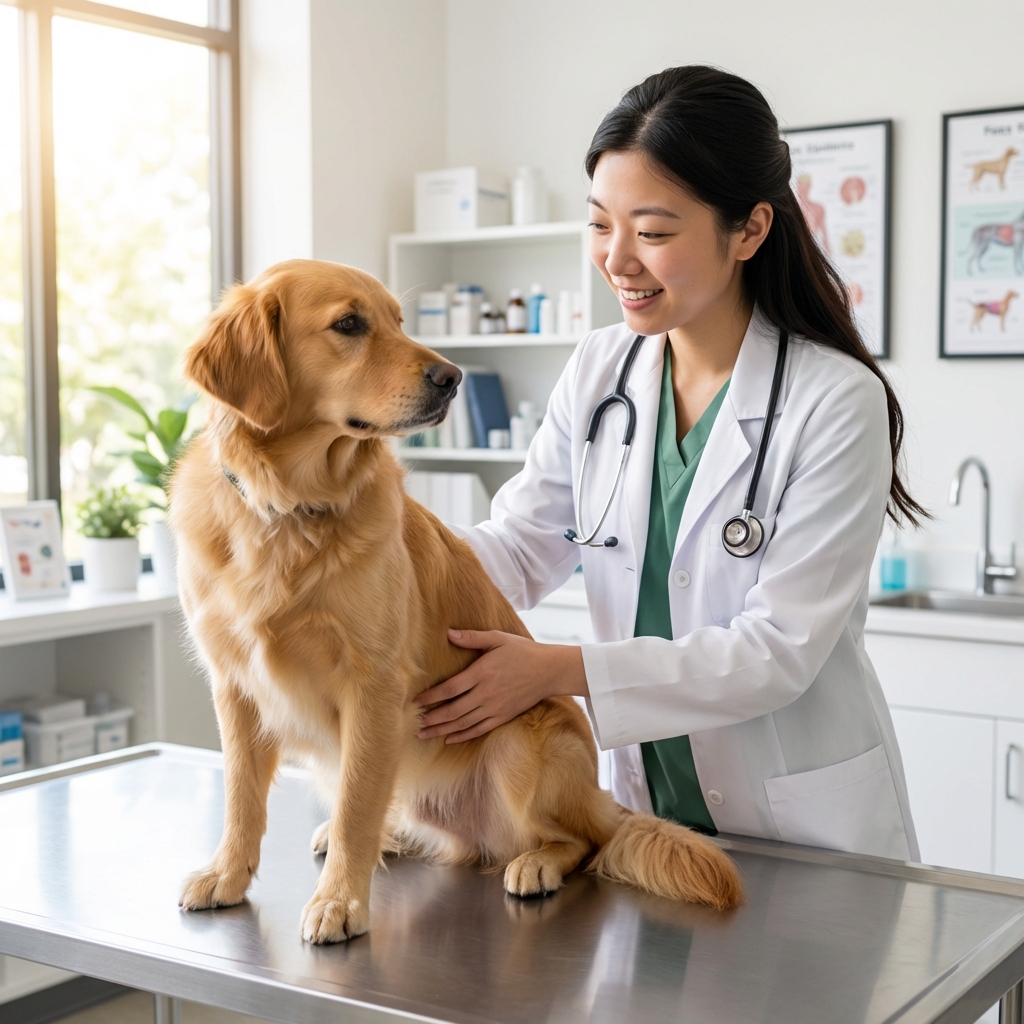 A veterinarian gently examining a dog on an exam table in a bright clinic room