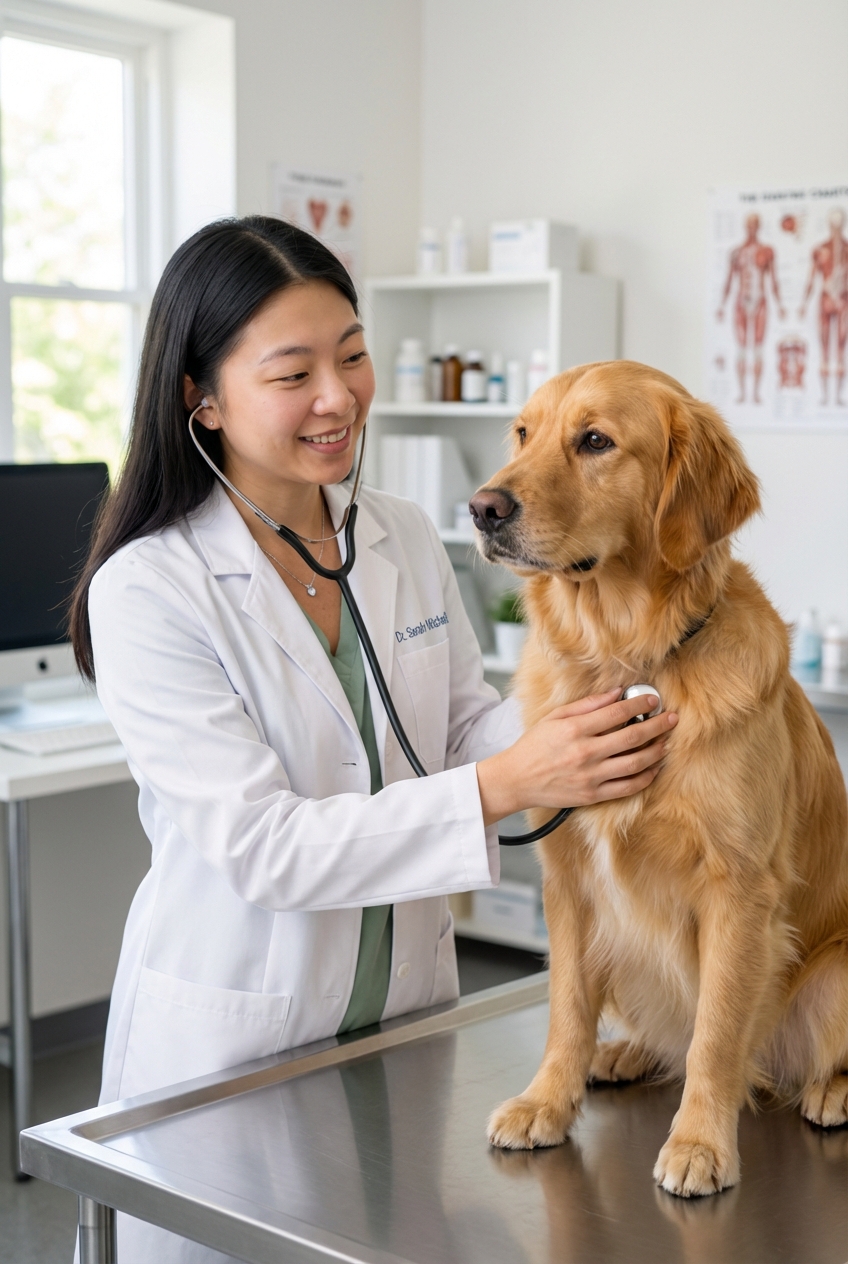A veterinarian gently examining a dog on an exam table in a bright clinic room