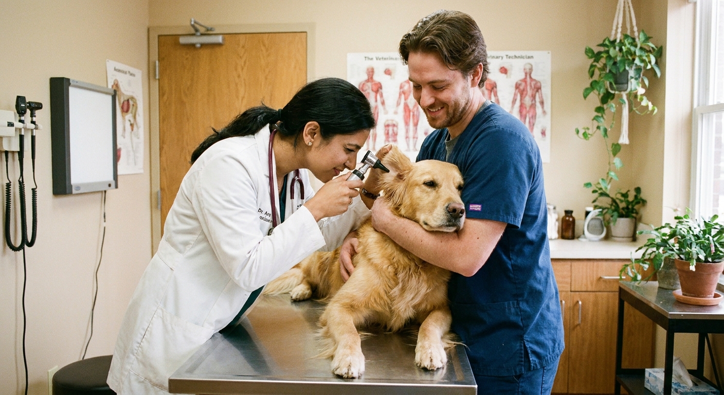 A veterinarian gently examining a dog on an exam table while a technician holds the dog calmly.