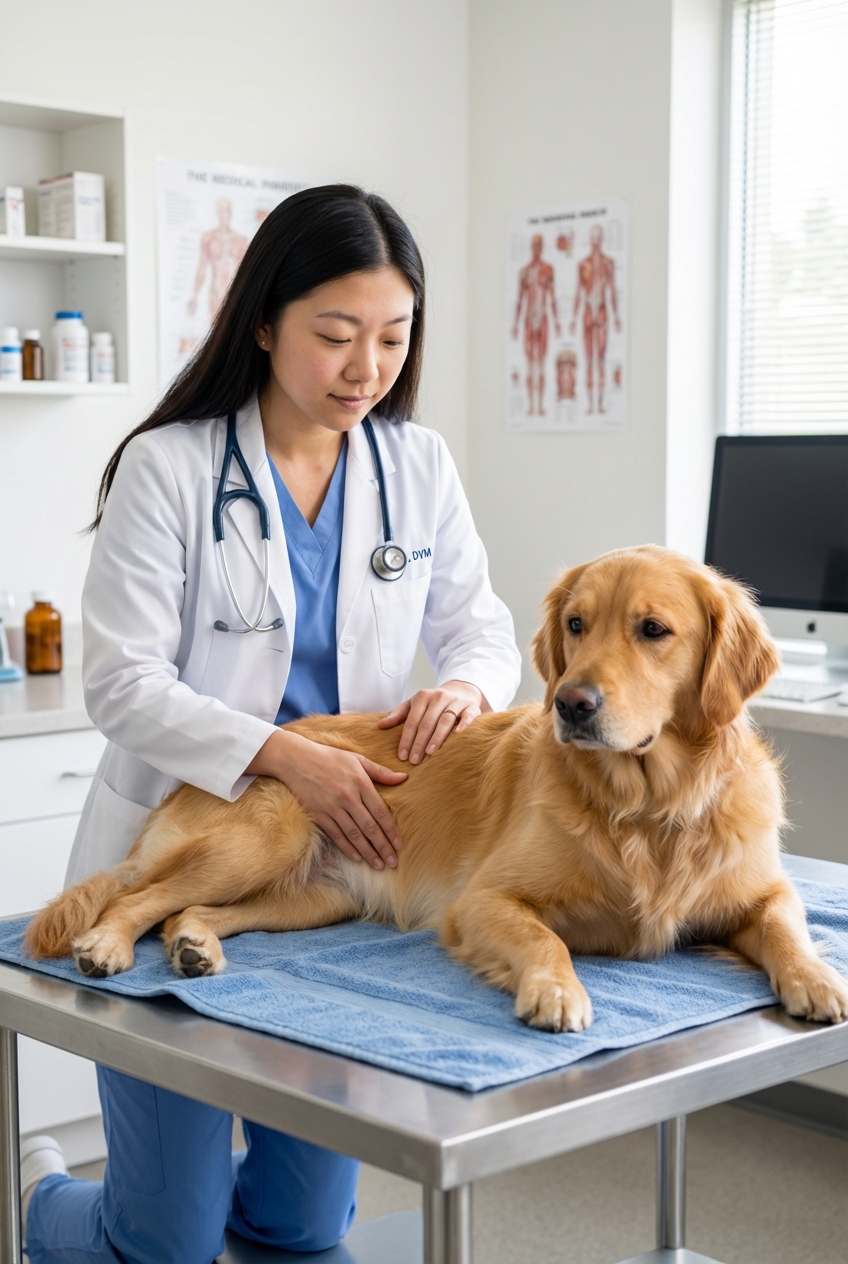 A veterinarian gently examining a dog’s abdomen in a clinic exam room