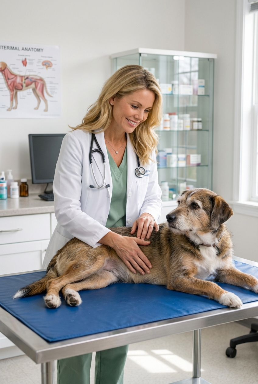 A veterinarian gently examining a dog’s abdomen in a clinic exam room