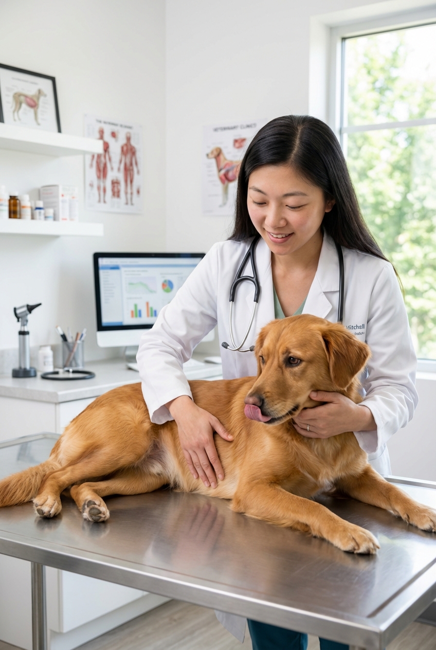 A veterinarian gently examining a dog’s abdomen on a clinic exam table