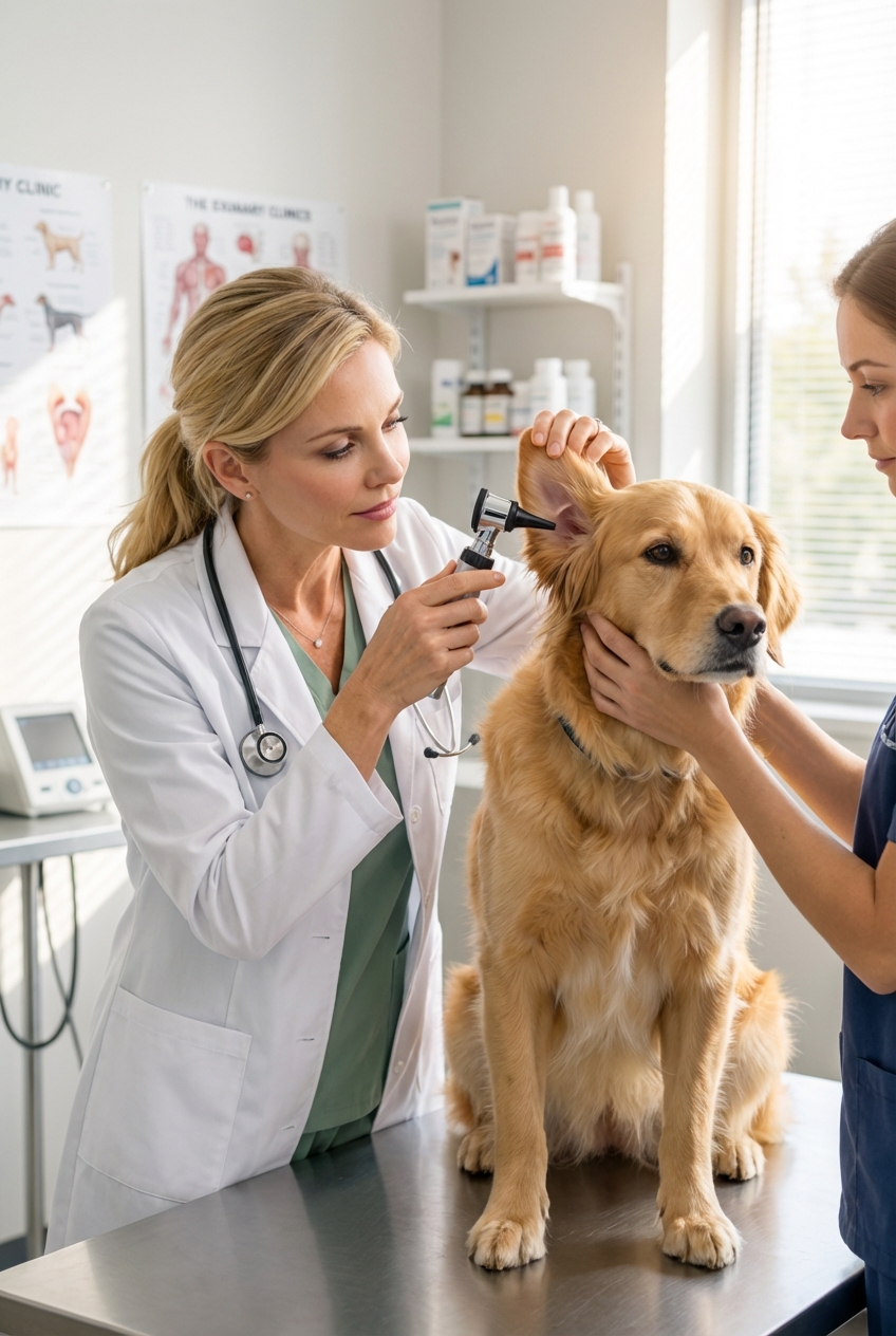 A veterinarian gently examining a dog's ear in a bright clinic room