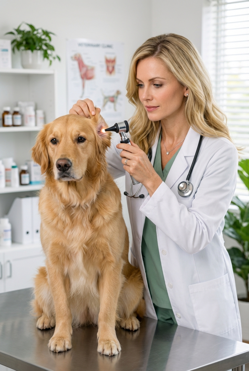 A veterinarian gently examining a dog’s ear with an otoscope in a clinic