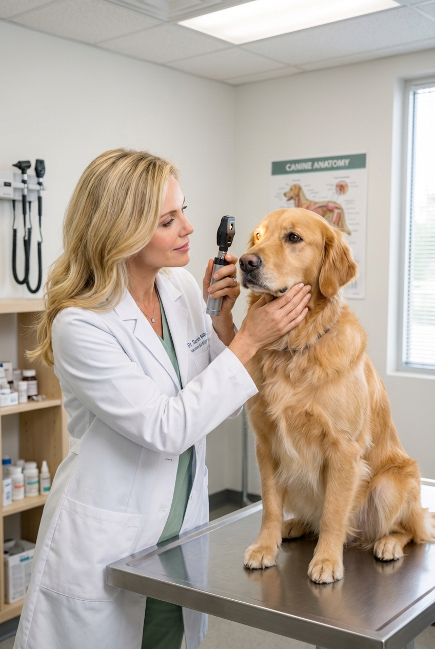 A veterinarian gently examining a dog’s eye with a handheld light in a clinic room