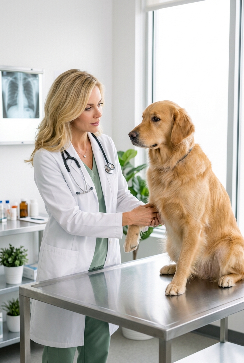 A veterinarian gently examining a dog's front leg in a bright exam room