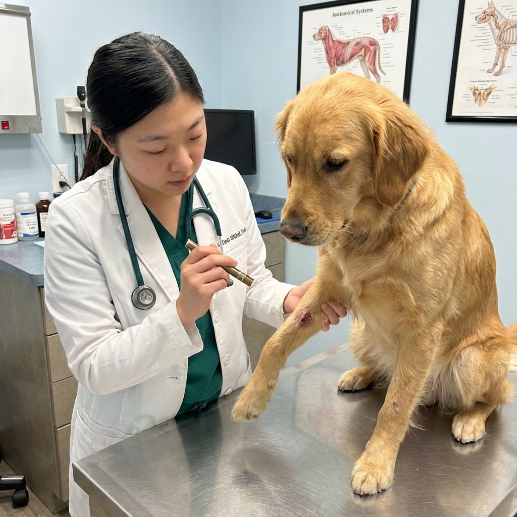 A veterinarian gently examining a dog’s front leg with a small crusted skin lesion, clinical exam room photo