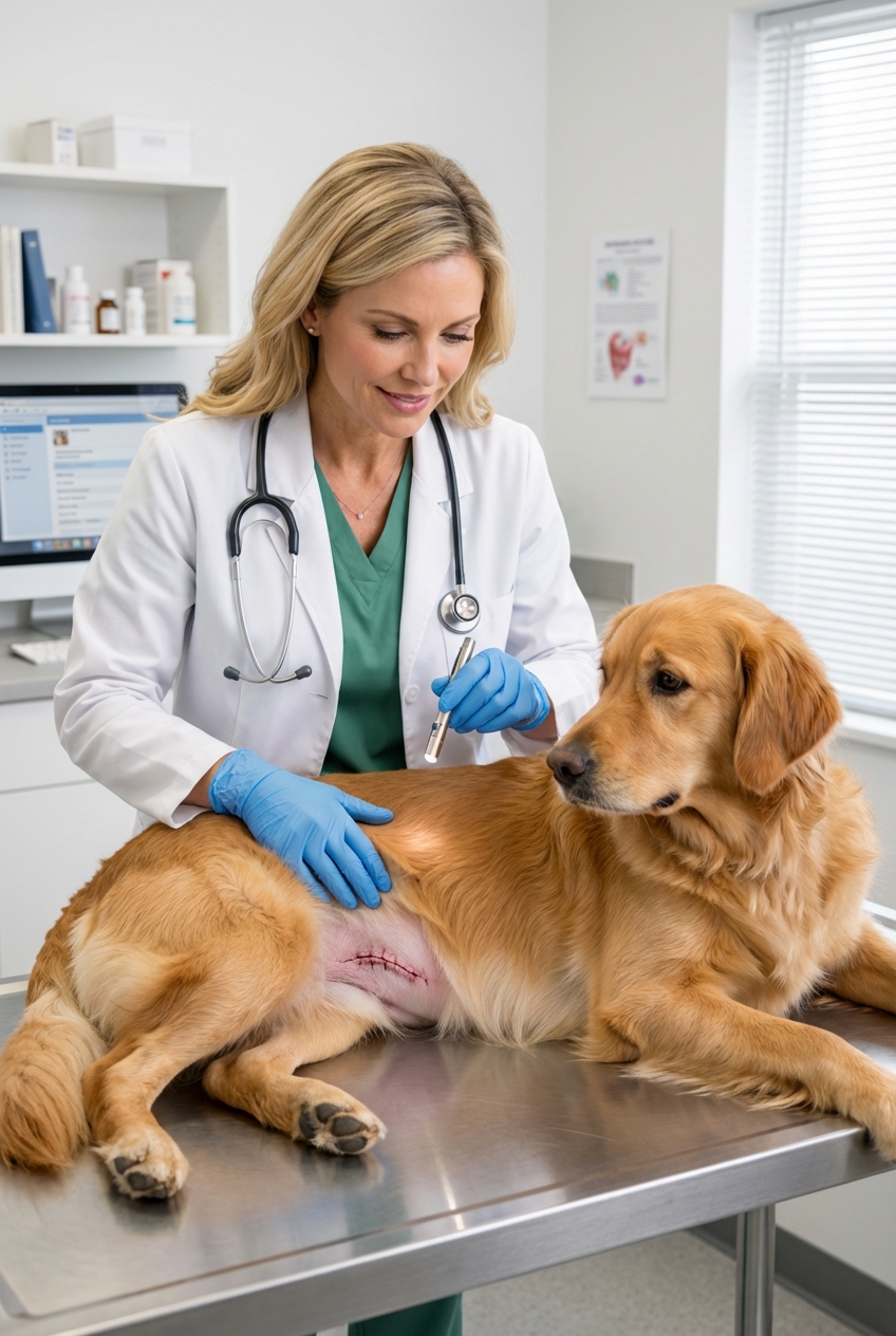 A veterinarian gently examining a dog’s healing incision in a clinic exam room