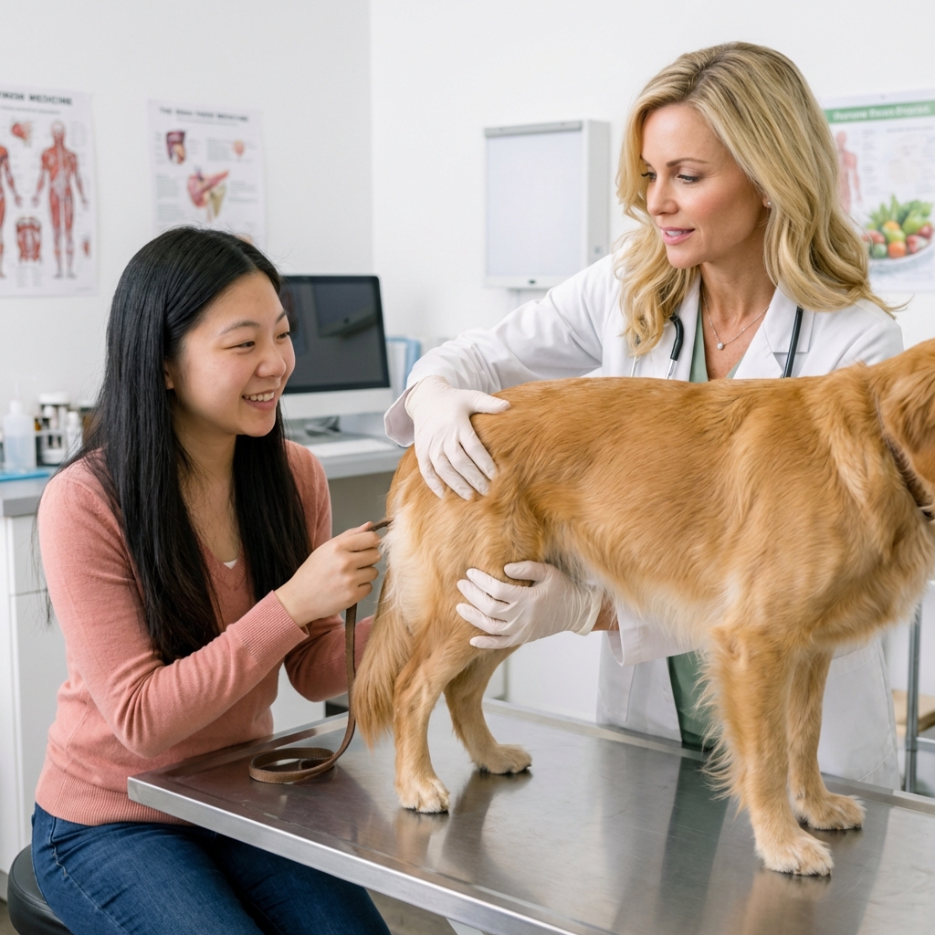 A veterinarian gently examining a dog’s hind end in a clinic exam room while the owner holds the leash