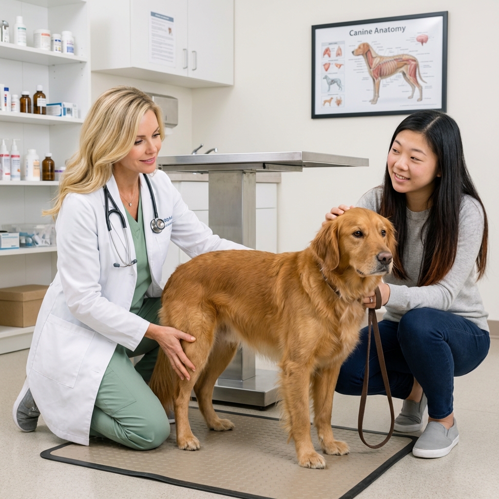 A veterinarian gently examining a dog’s hind leg in a clinic exam room