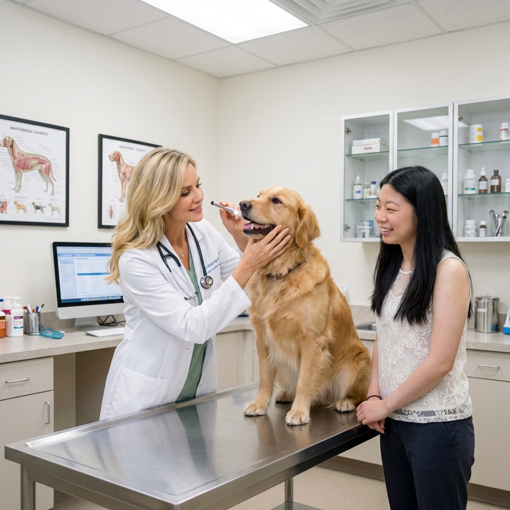 A veterinarian gently examining a dog's mouth in a clinic exam room