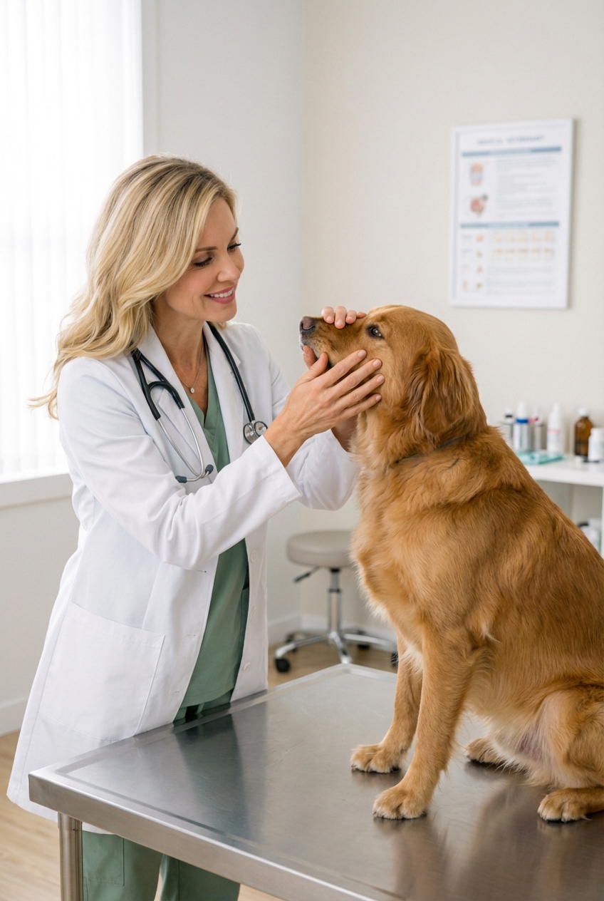 A veterinarian gently examining a dog’s muzzle and nose in a clinic exam room with soft lighting