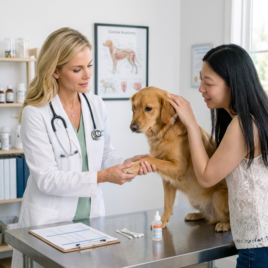 A veterinarian gently examining a dog’s paw on an exam table while the owner offers comfort