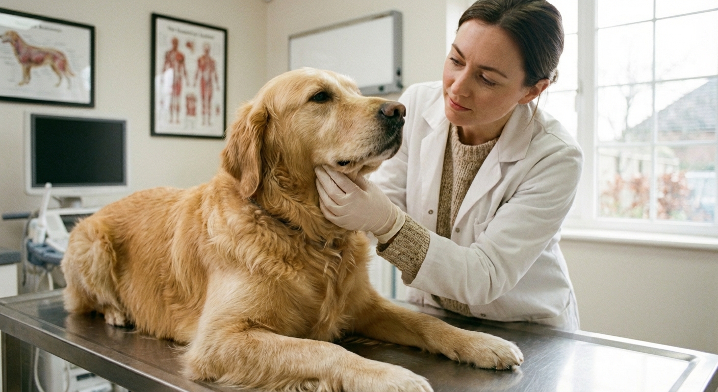 A veterinarian gently examining a dog's swollen lymph node under the jaw in a clinic room