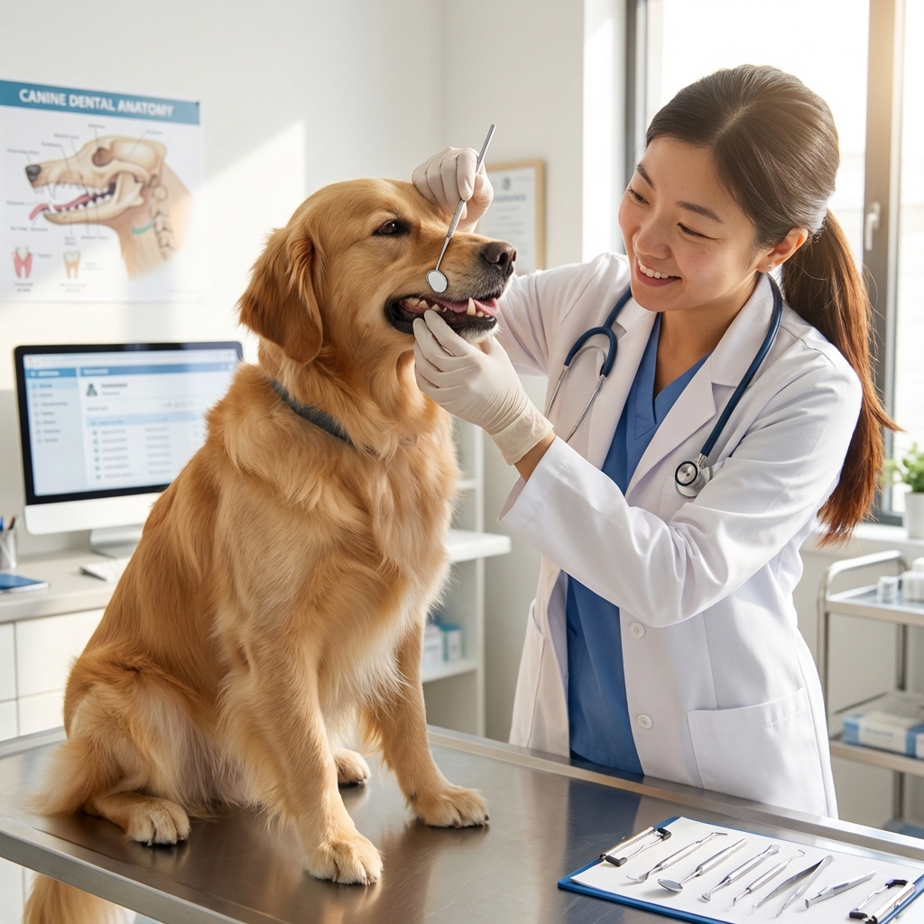 A veterinarian gently examining a dog’s teeth in a clean clinic exam room