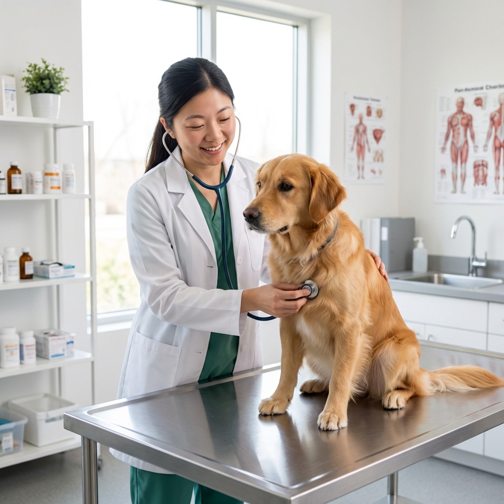 A veterinarian gently examining a female dog in a bright clinic exam room