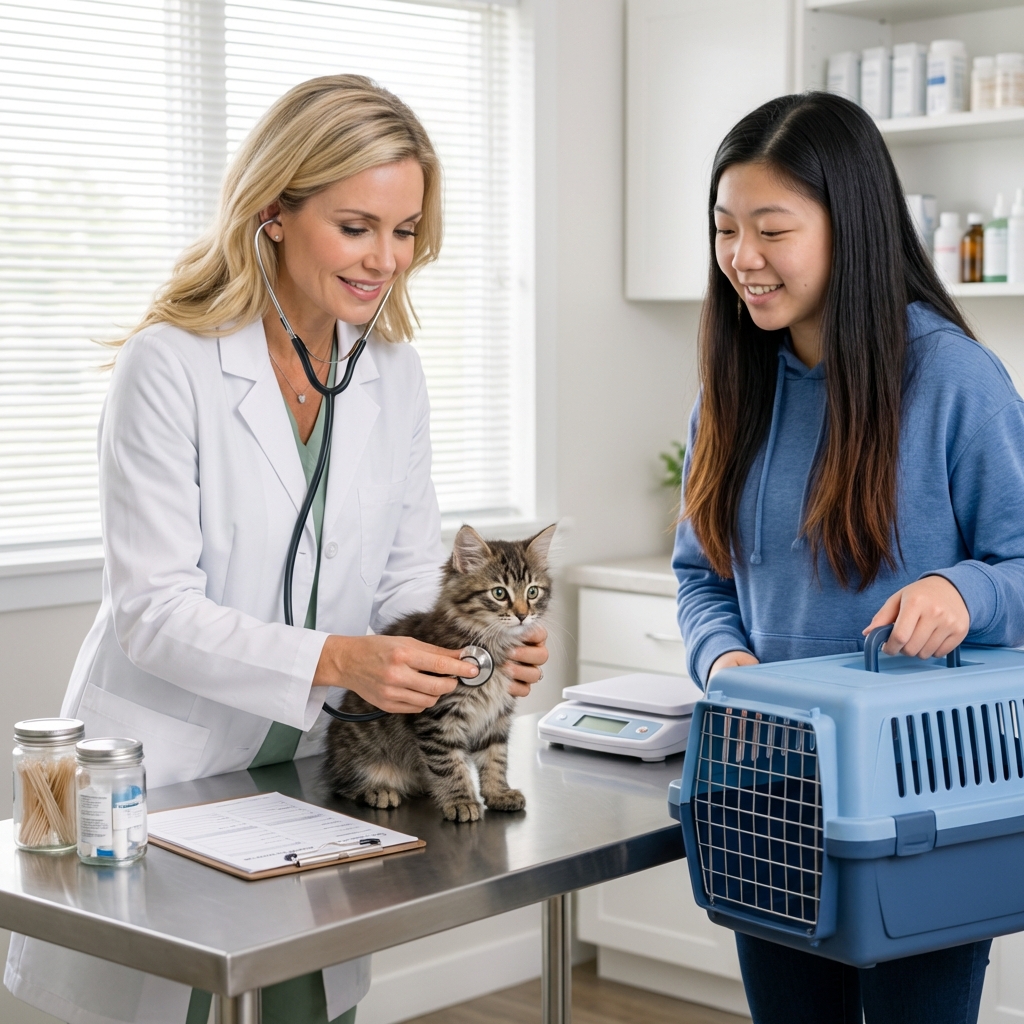 A veterinarian gently examining a kitten on an exam table while a client holds the carrier nearby