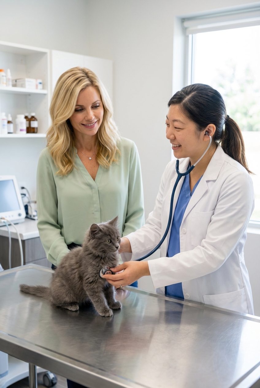 A veterinarian gently examining a kitten on an exam table while a pet parent watches