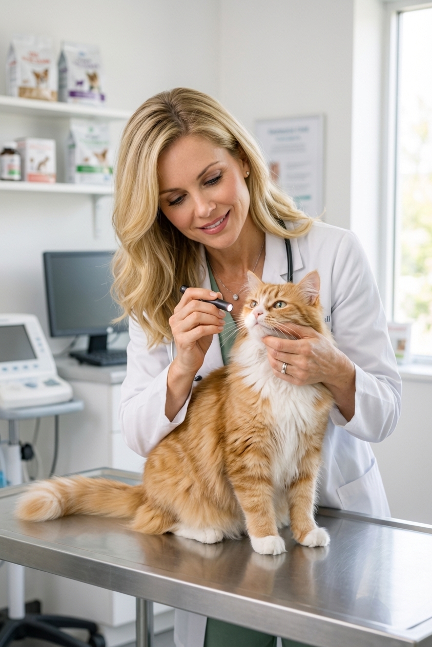 A veterinarian gently examining a long-haired cat's mouth during a wellness visit in a bright clinic exam room, realistic veterinary photography