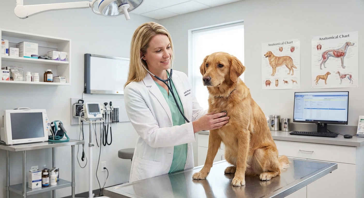 A veterinarian gently examining a medium-sized dog in a clinic exam room