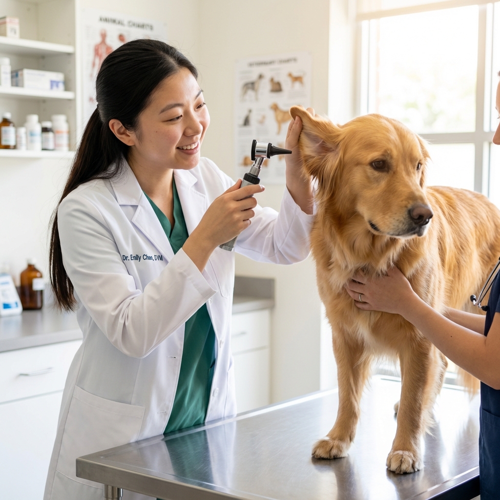 A veterinarian gently examining a medium-sized dog on an exam table in a bright clinic room
