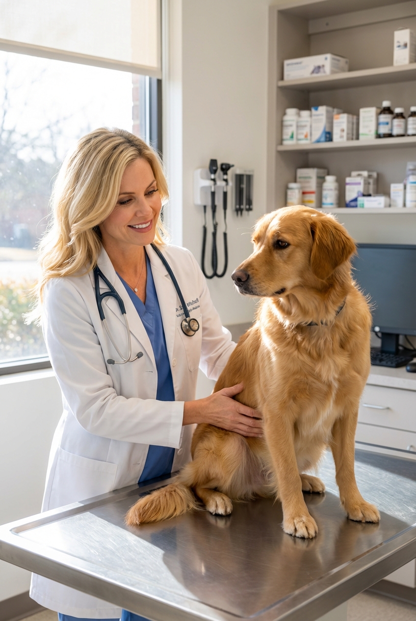 A veterinarian gently examining a medium-sized dog on an exam table in a bright clinic